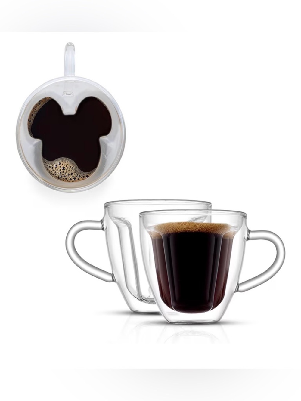 Disney Clear Double-Wall Glass Coffee Mugs with Mickey Silhouette (2 Pack)